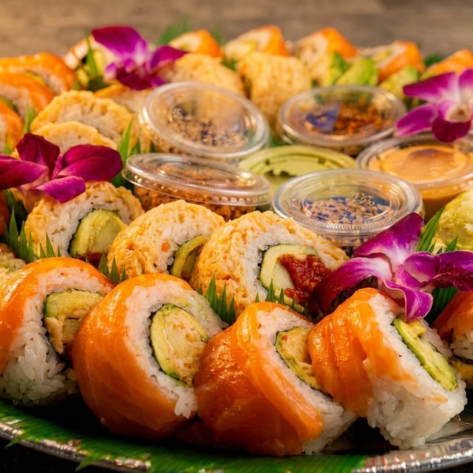 Assorted sushi rolls with salmon, avocado, and tempura fillings arranged on a platter with dipping sauces and orchids.