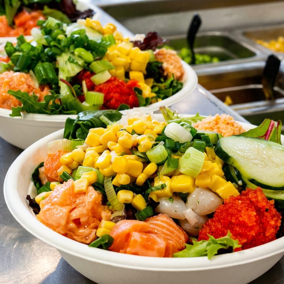 Colorful poke bowls topped with salmon, corn, cucumber, green onions, vegetables, and red roe beside a restaurant salad bar.