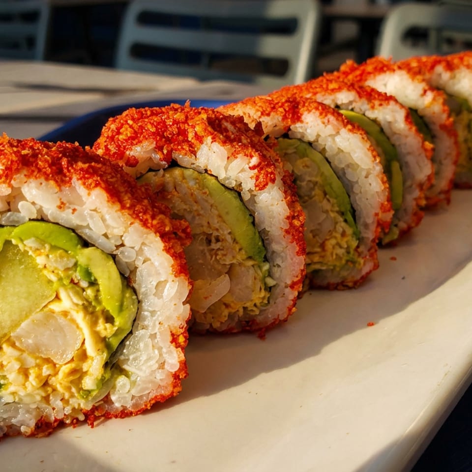 Close-up of sliced sushi rolls with avocado and creamy filling, coated in red seasoning on a white platter.