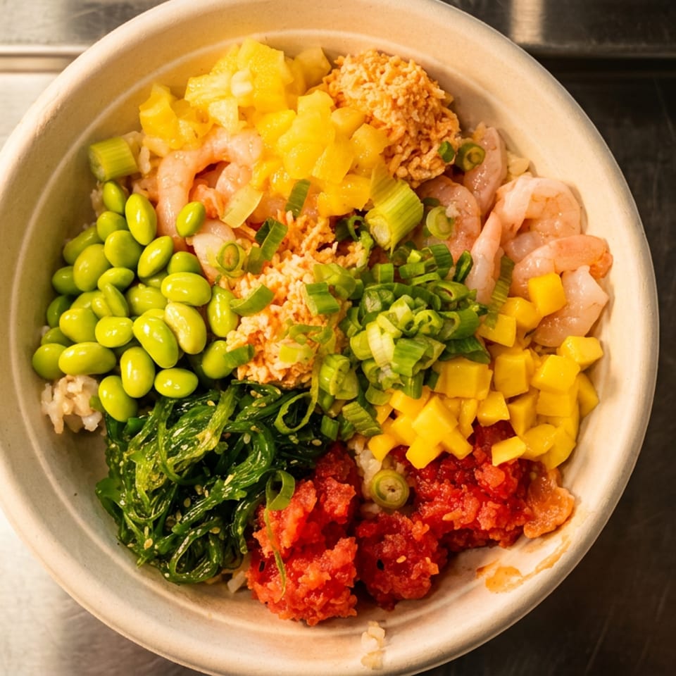 Colorful poke bowl topped with shrimp, edamame, mango, seaweed salad, crispy onions, scallions, and red-marinated fish.