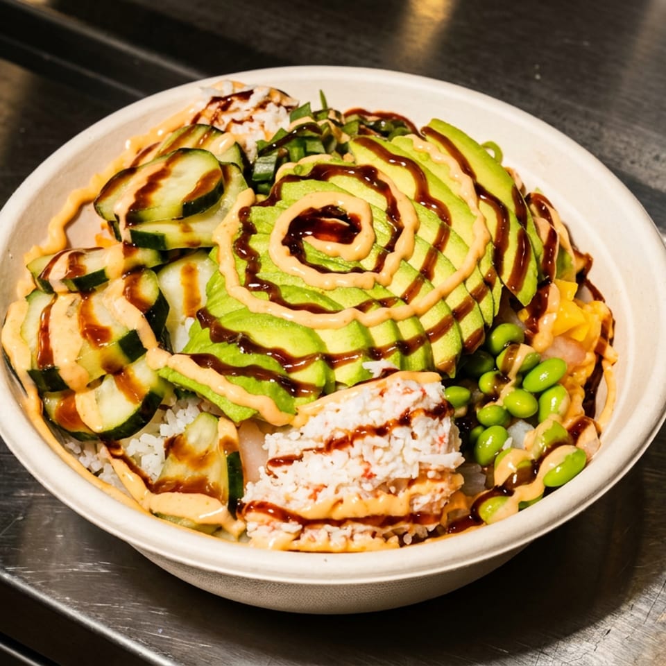 Rice bowl topped with sliced avocado, cucumber, edamame, grilled fish, spicy mayo, and dark sauce on a stainless-steel counter.