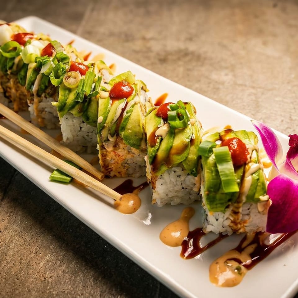 Sushi rolls topped with avocado, scallions, sauces, and sesame seeds on a white plate with chopsticks and an orchid garnish.