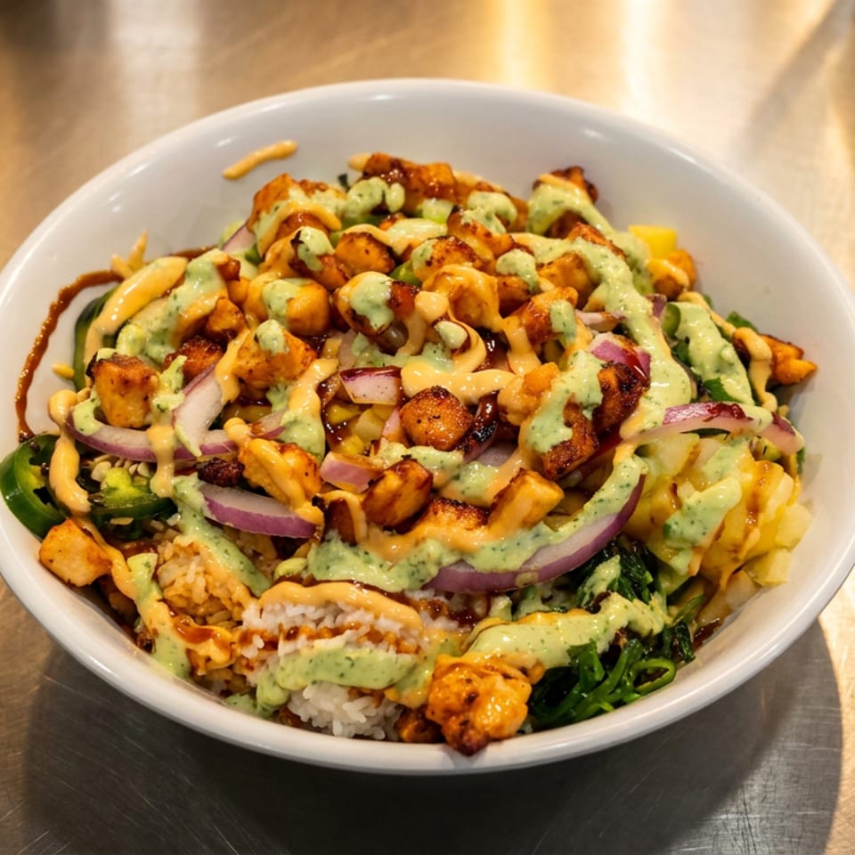 Loaded rice bowl topped with grilled chicken, vegetables, red onion, chickpeas, and green and orange sauces.
