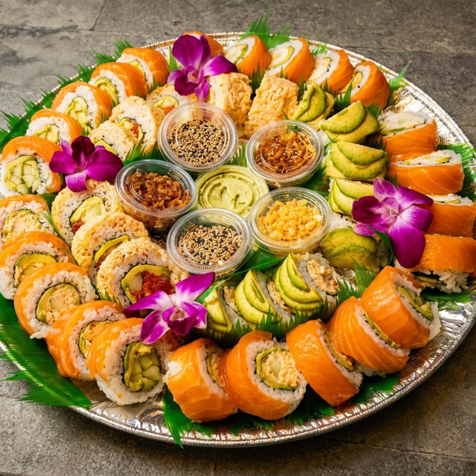 Large platter of assorted sushi rolls with salmon, avocado, sauces, and purple orchid garnishes on a stone table.