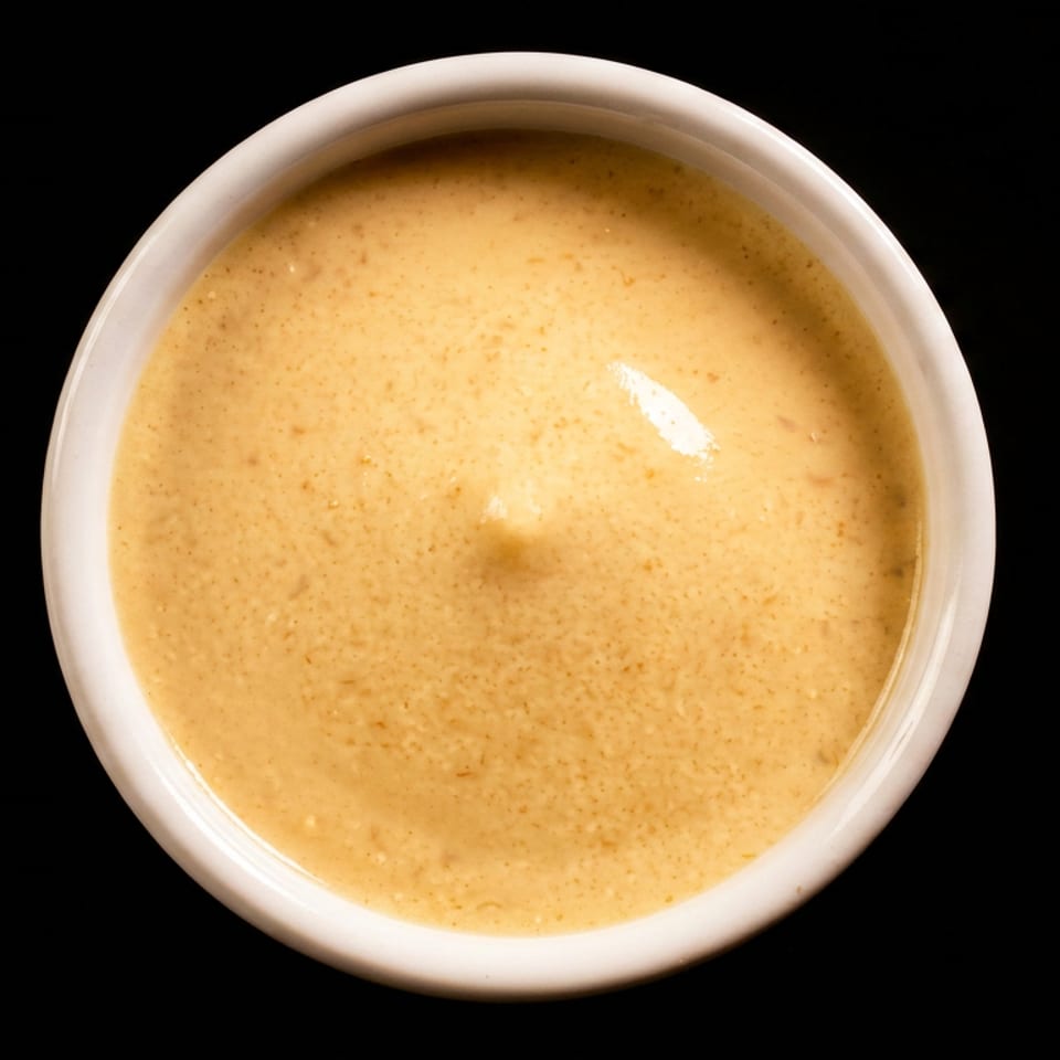 Small white bowl filled with creamy golden dipping sauce on a black background.