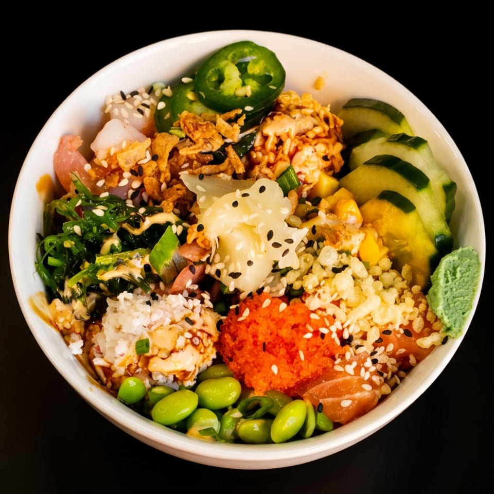 Colorful poke bowl topped with sushi rice, salmon, tuna, edamame, cucumber, seaweed, jalapeño, sesame seeds, and crispy onions.