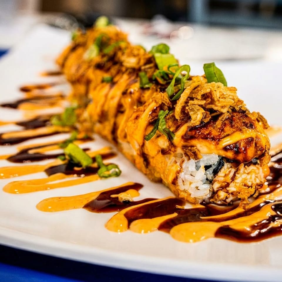 Sushi roll topped with crispy onions and scallions, drizzled with orange and dark sauces on a white plate.