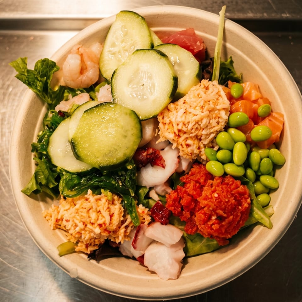Colorful poke bowl with shrimp, cucumber, edamame, greens, tomatoes, pickled vegetables, and crispy toppings on a countertop.