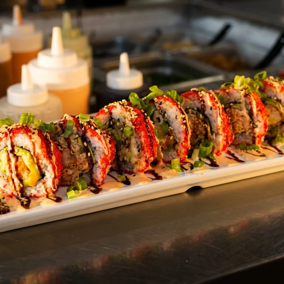 Colorful sushi roll slices topped with sesame seeds and scallions, drizzled with sauces on a rectangular plate at a restaurant counter.