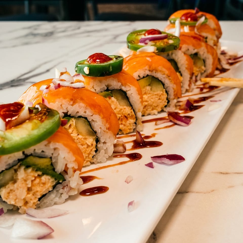 Sushi rolls topped with jalapeño, tomato, and onion sit on a rectangular plate drizzled with sauce and accompanied by chopsticks.
