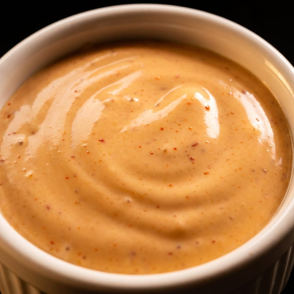 Close-up of creamy orange dipping sauce with pepper specks in a white cup against a black background.