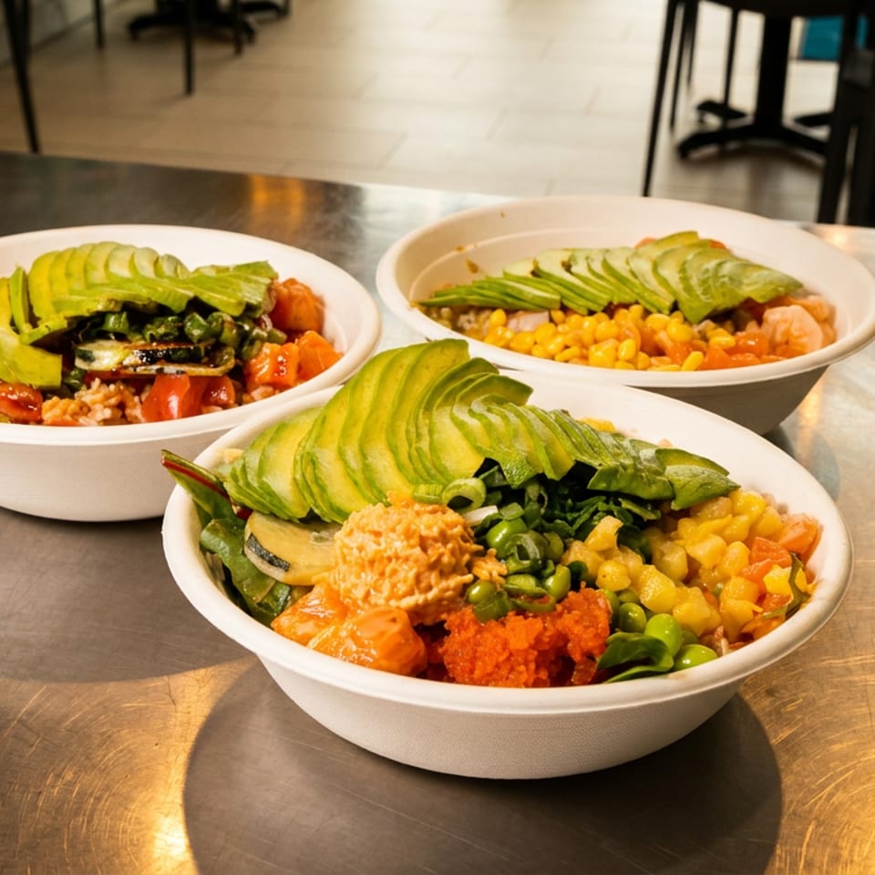 Three colorful grain bowls topped with sliced avocado, vegetables, corn, greens, and assorted toppings on a restaurant counter.